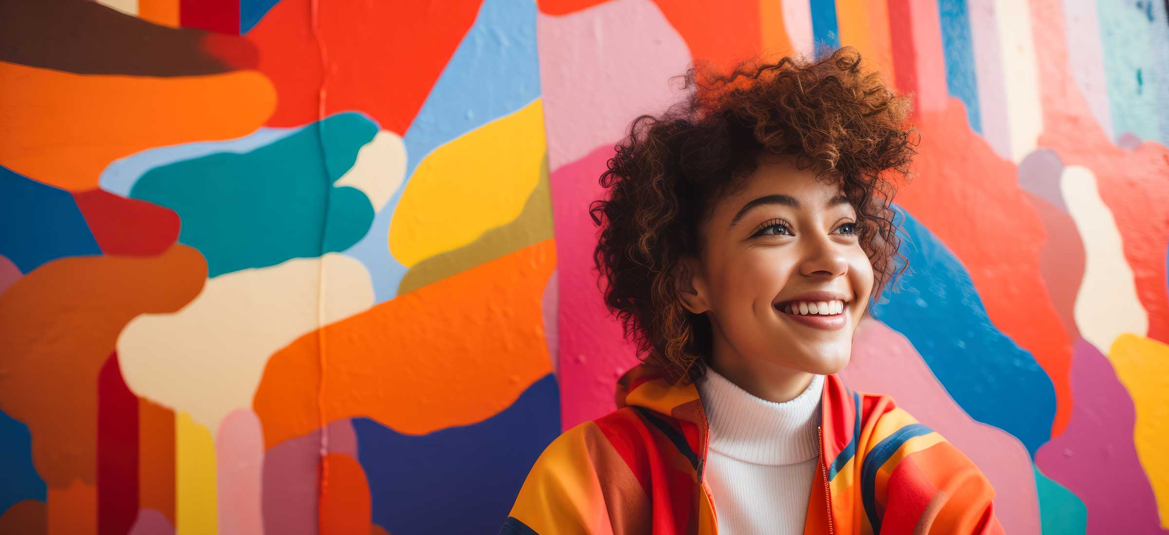 An AI-generated woman stares into the distance by a colorful wall.