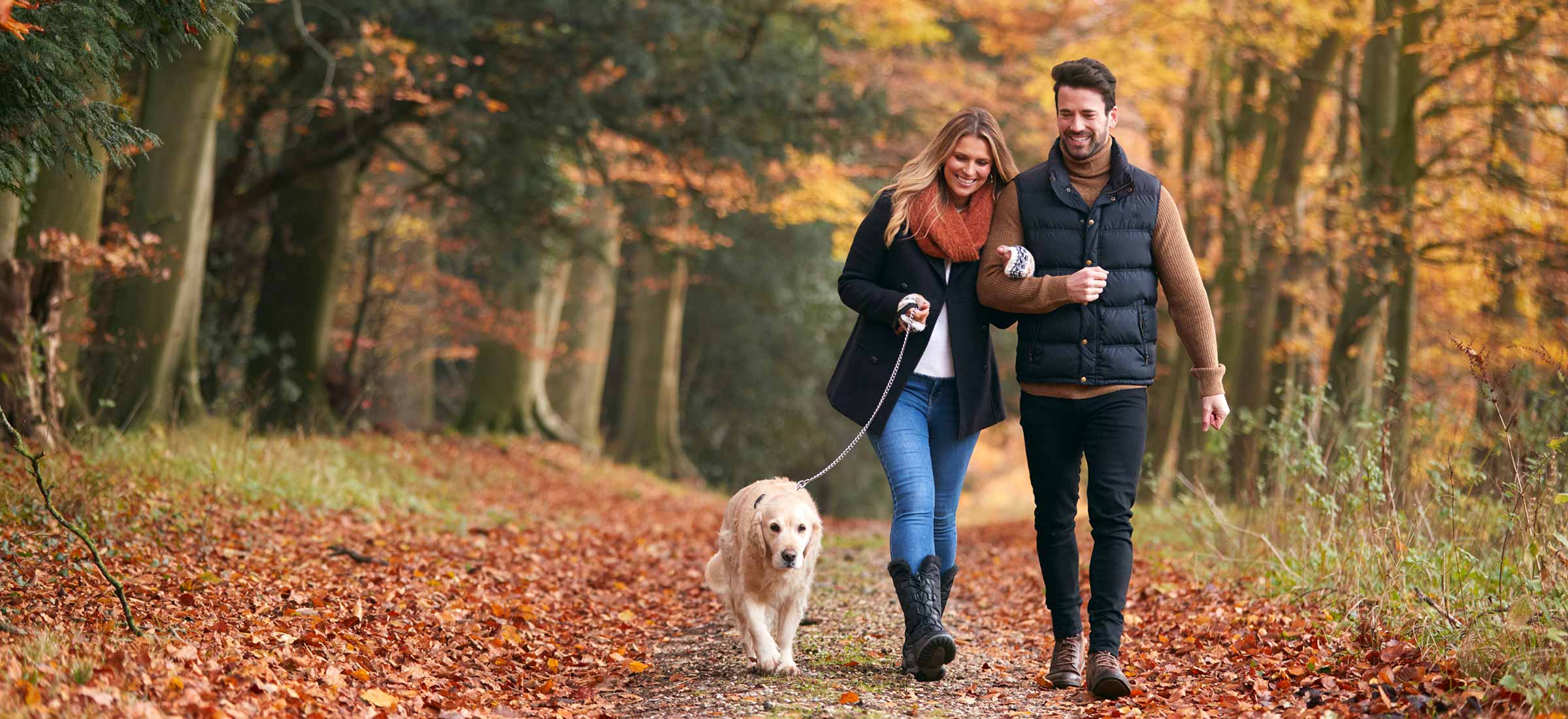 Two people walk through a park with their dog.