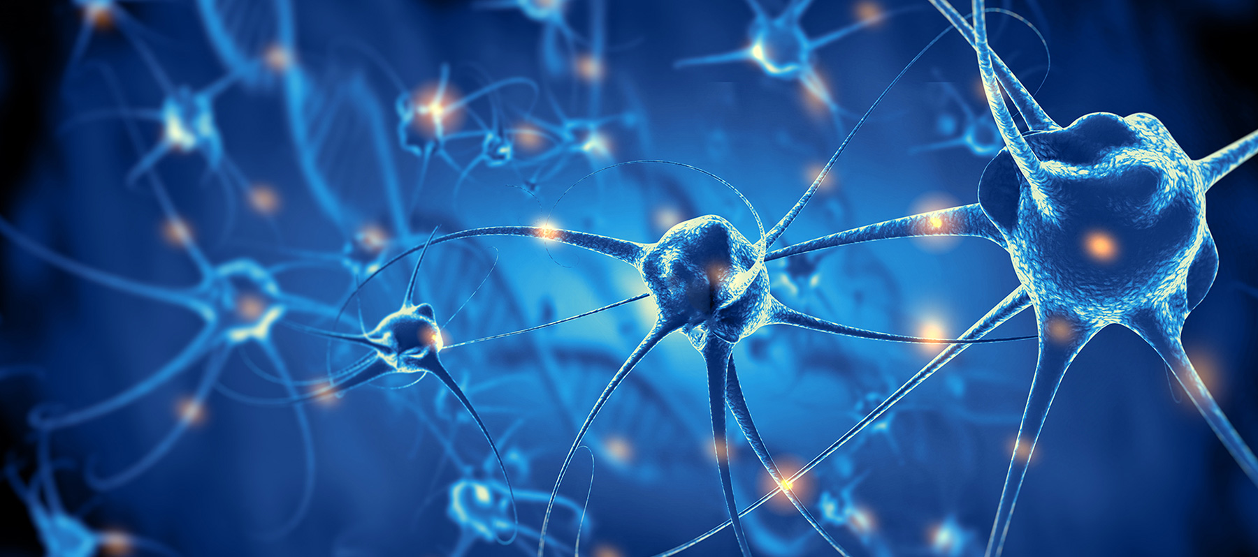The inner workings of a neurological network are rendered against a blue background with bright light spots.