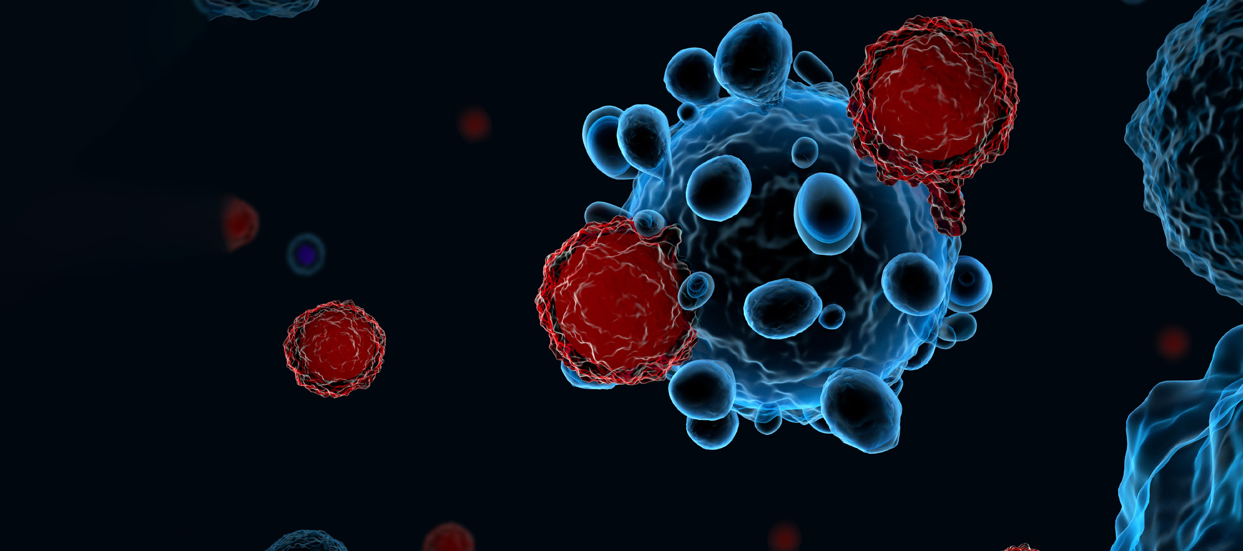 A blue spherical CAR-T cell has blue growths and two red flower-like growths on either side on a dark background