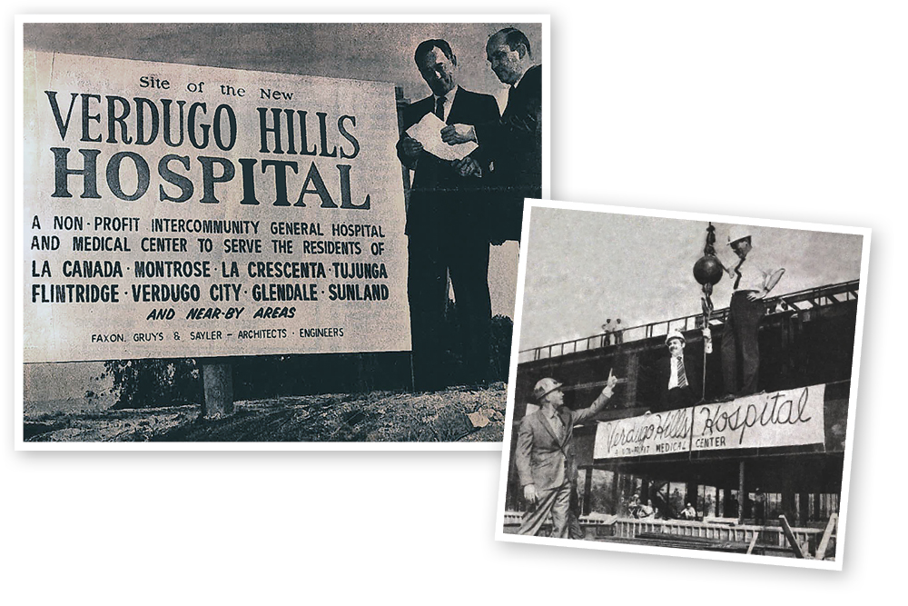 Historical photos depicting the opening of Verdugo Hills Hospital, with founders pointing to signs announcing the hospital's opening