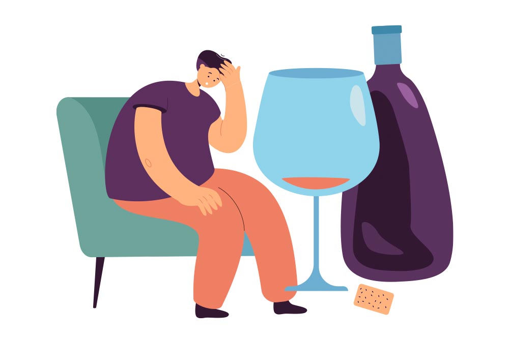 A graphic design of a man sitting next to a wine glass and bottle the same size as him