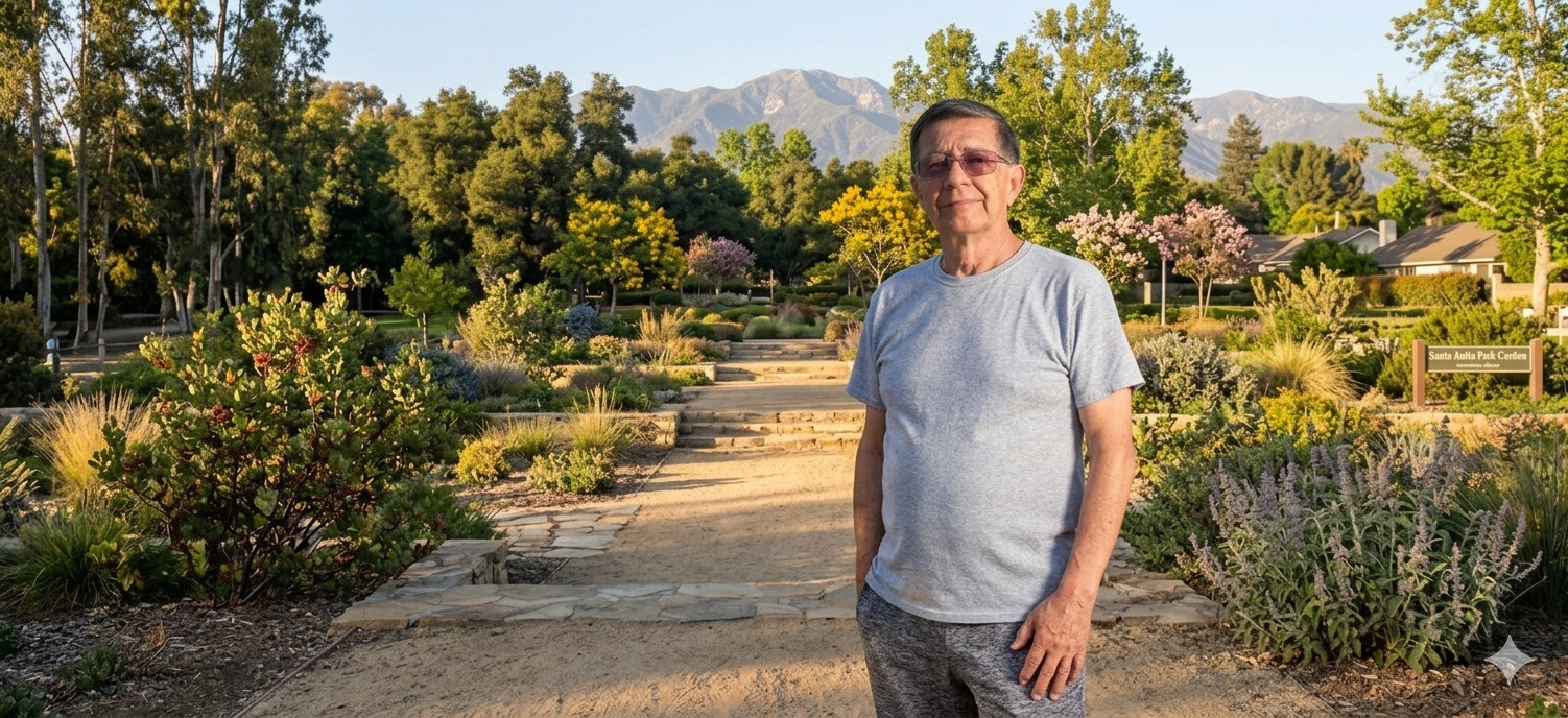 Image of a man standing in a garden park in Arcadia, CA